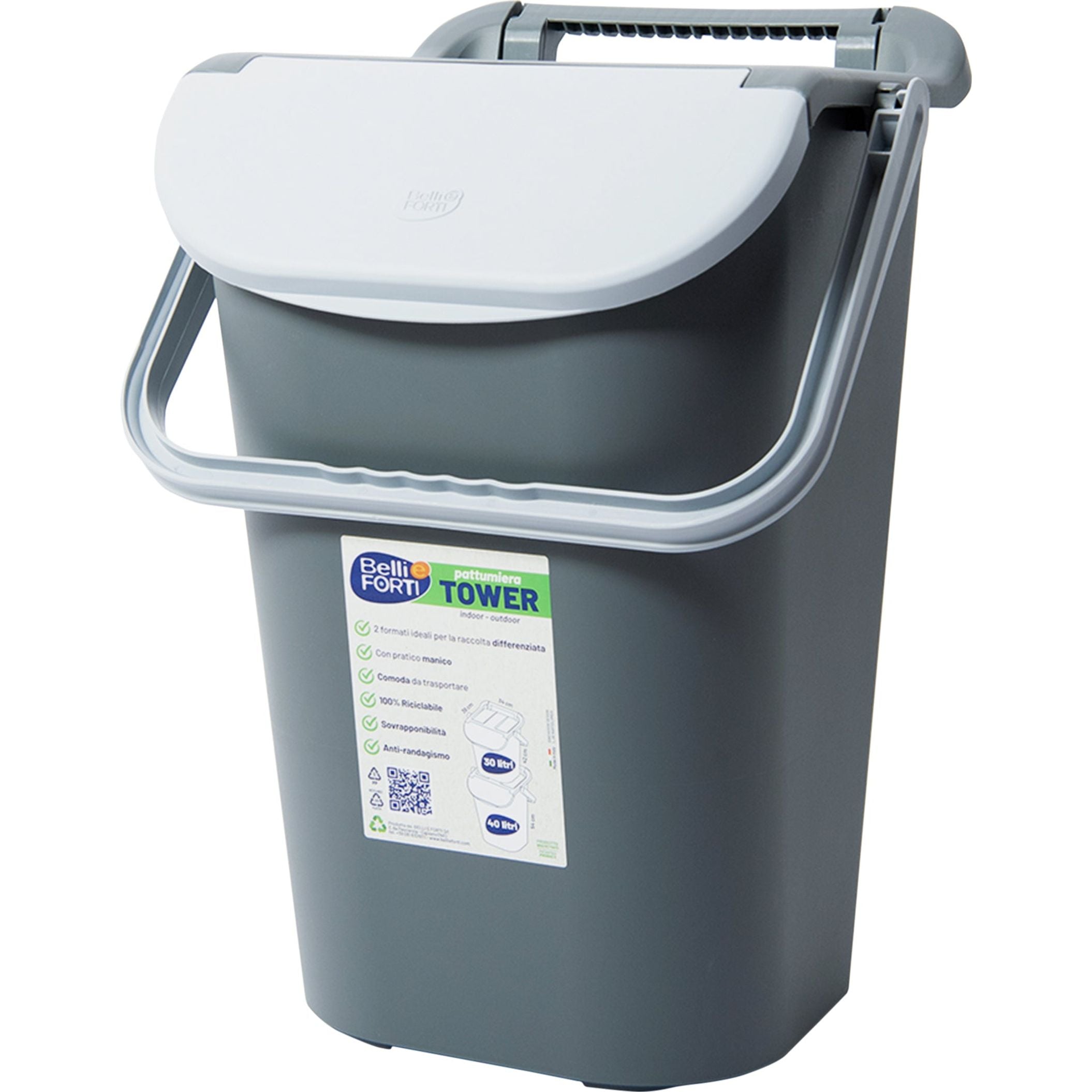 BELLI E FORTI - Pattumiera Tower Bin grigio 40 litri - h54x40x40 cm